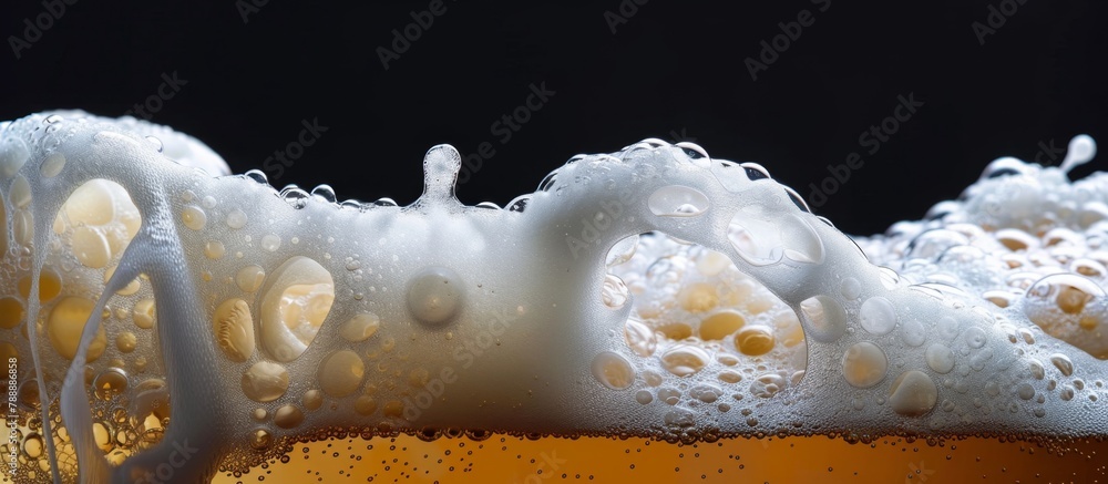 Poster close-up view of a glass filled with beer, showcasing a frothy foam layer floating on the surface
