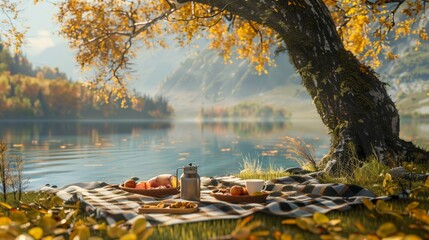 Lakeside scenery enjoying a picnic by the water Along with a thermos of coffee and snacks laid out on a checkered blanket. - obrazy, fototapety, plakaty