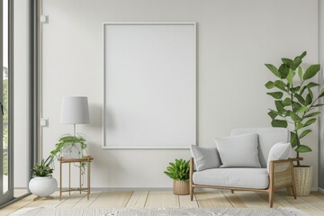 Scandinavian style living room with poster mockup created with generative ai