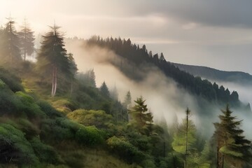 Misty pine forest on the mountain slope in a nature reserve Generative AI