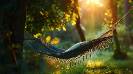 Selbstklebende Fototapeten A restful nights sleep awaits in a hammock nestled between two trees surrounded by the calming sounds of nature. 2d flat cartoon. © Justlight