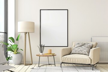 Scandinavian style living room with poster mockup created with generative ai