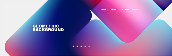 A geometric background with electric blue and magenta triangles and rectangles on a white backdrop, creating a futuristic atmosphere with shades of purple and violet in the sky