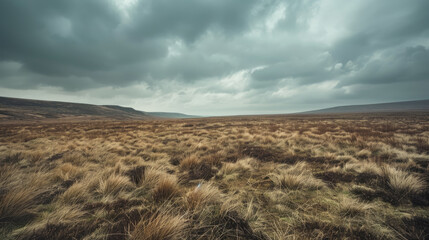 Dramatic cloudy sky over vast moorland with sparse vegetation in a panoramic landscape