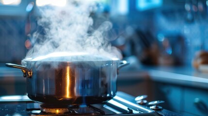 Blur background. Selective focus. Boiling water with steam in a pot on an electric stove in the kitchen AI generated