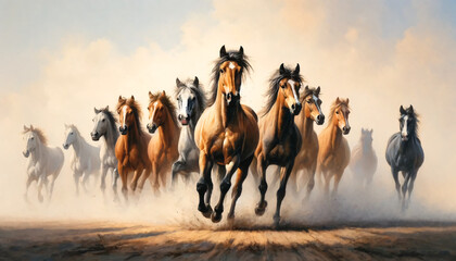 a group of horses charging forward - obrazy, fototapety, plakaty