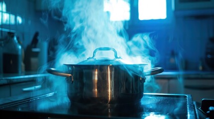 Blur background. Selective focus. Boiling water with steam in a pot on an electric stove in the kitchen AI generated - obrazy, fototapety, plakaty