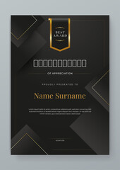 Black and gold vector professional and modern award corporate certificate design template. For award, business, diploma, workshop, award, graduation, completion, competition and education