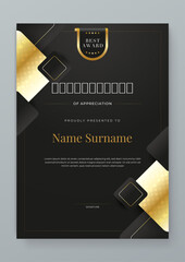 Black and gold certificate of appreciation border template with luxury badge and modern line and shapes. Certificate of achievement, awards diploma, education, school