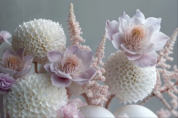 A closeup of an elegant floral arrangement featuring pale pink and white flowers on grey background. The flowers have intricate petal textures and delicate petals that create a dreamy atmosphere. - 788887808