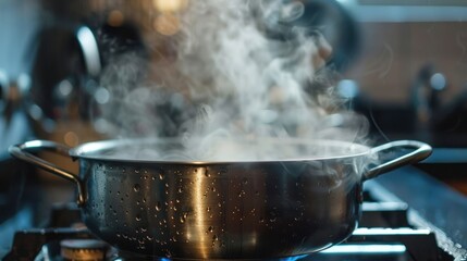 Blur background. Selective focus. Boiling water with steam in a pot on an electric stove in the kitchen AI generated