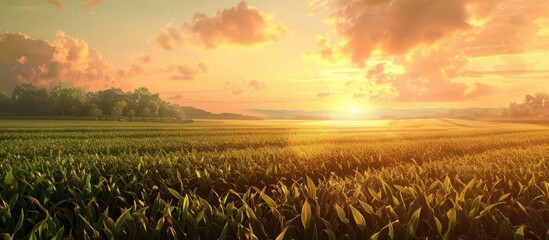 Field that is green and sunset that is beautiful.