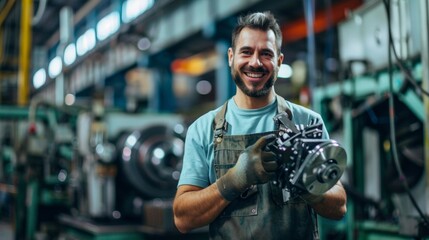 A machinist in their work apron holding up a newly finished industrial piece for inspection their face beaming with pride and satisfaction at their artistic contribution to the mechanical . - obrazy, fototapety, plakaty