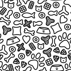 doodle pet food seamless pattern. vector doodle of pet food seamless pattern background. packaging pattern of pets food. kitten food pattern background.