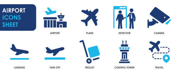 Airport icon collection. Containing plane, control tower, landing, take off, security camera and so on. Flat airport icons set. - obrazy, fototapety, plakaty