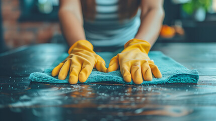 Female cleaner hands in gloves close up, housewife, woman polishing table top with cloths, spray, professional cleaning service working, lady performing home, office duties, tidying up apartment