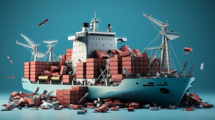 3D minimalist style image of a sinking ship with cargo labeled 'investments', - obrazy, fototapety, plakaty