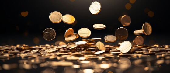 3D minimalist scene of falling gold coins in slow motion, market volatility, - obrazy, fototapety, plakaty