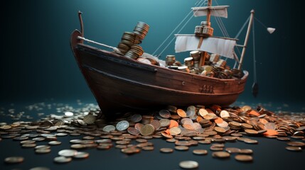 3D minimalist style image of a sinking ship with cargo labeled 'investments', - obrazy, fototapety, plakaty