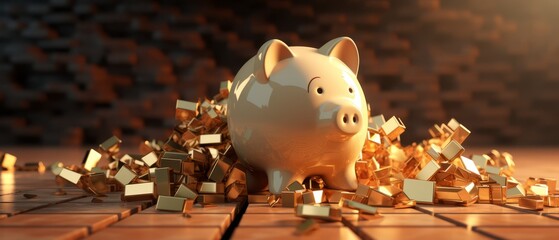 3D minimalist visualization of a broken piggy bank representing financial risk, - obrazy, fototapety, plakaty