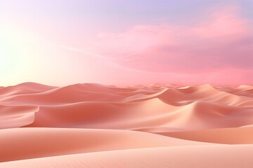 Gentle peach sand dunes bask in the soft glow of a pastel sunrise, presenting a tranquil and surreal desert vista that's ideal for meditation visuals and atmospheric graphic design. - obrazy, fototapety, plakaty
