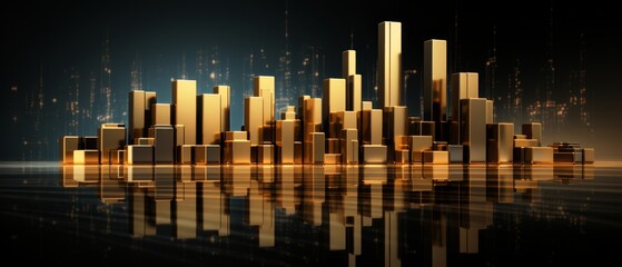 Minimalist 3D depiction of fluctuating gold bars as skyscrapers in a financial district,
