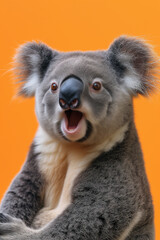 Cute Koala, on a orange background, with its mouth open, talking, funny photo of animals, nature photo
