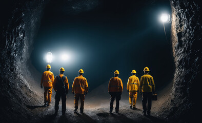 group of mine workers, backview, photo, vignette, dark mine, entering