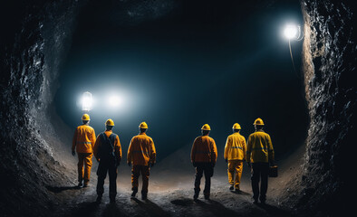 Fototapeta premium group of mine workers, backview, photo, vignette, dark mine, entering