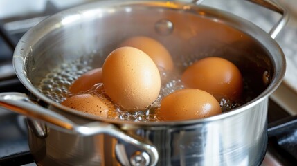 boiling eggs in stainless pot, eggs in boiling water - obrazy, fototapety, plakaty