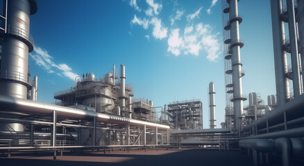 Hyper-Realistic Oil and Gas Plant Against Blue Sky - obrazy, fototapety, plakaty