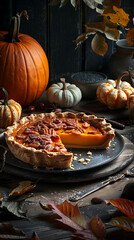 Beautiful presentation of Pumpkin Pie, hyperrealistic food photography