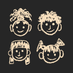 Kids chalk drawings set. Collection freehand baby drawn elements. Child faces with pencil texture. Hand drawing scribble. Vector illustration isolated on black background