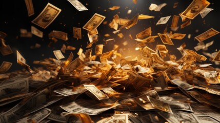 Minimalist 3D image of scattered currency and financial papers in a storm, chaotic economy, - obrazy, fototapety, plakaty