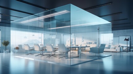 Minimalist 3D office with all walls made of glass, lack of privacy and space,