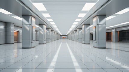Minimalist 3D representation of an empty corporate hallway, financial abandonment,