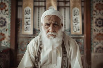 Serene Portrait of an Elderly Muslim Man in His Prayer Room with Calligraphic Scrolls and Intricate Wall Patterns