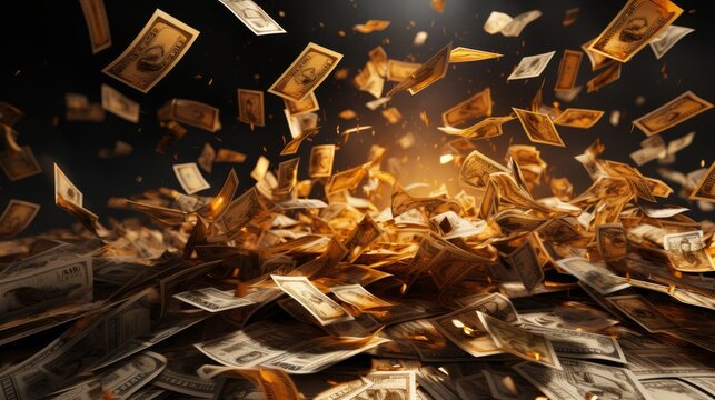 Minimalist 3D image of scattered currency and financial papers in a storm, chaotic economy,