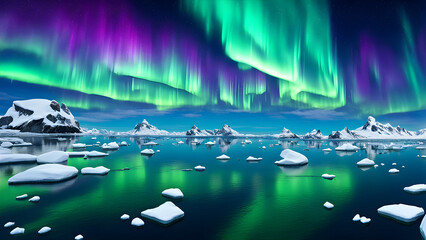 Aurora on Arctic glaciers, glaciers on the sea surface, scientific phenomena - obrazy, fototapety, plakaty