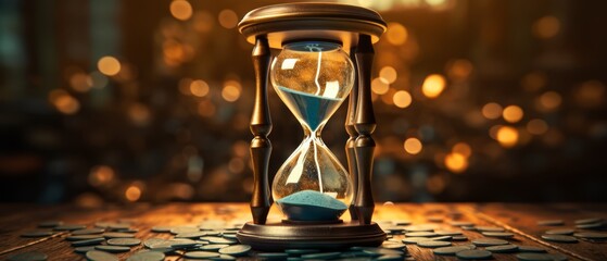 Realistic 3D broken hourglass with coins instead of sand, depicting time running out on debts, - obrazy, fototapety, plakaty