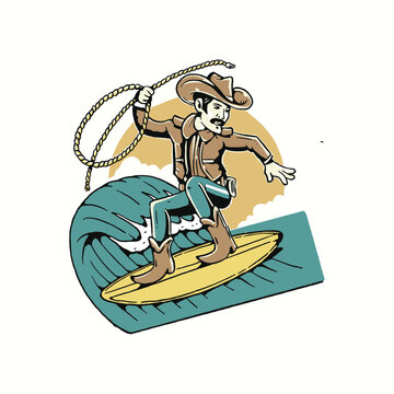 a man on a surfboard with a cowboy hat on illustration
