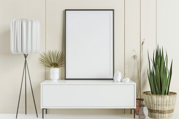 Scandinavian style living room with poster mockup created with generative ai