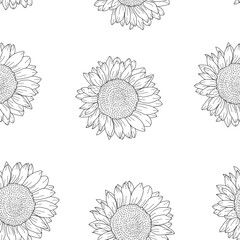 Sunflower pattern background. Handrawn of sunflower pattern. Doodle sunflower pattern background. Retro 90s Sunflower Seamless Pattern background.