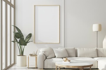 Scandinavian style living room with poster mockup created with generative ai