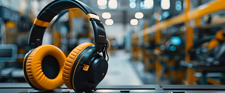 Noise-cancelling headphones against a background of factory machinery blurred