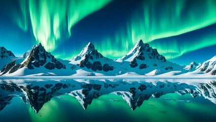 Aurora on Arctic glaciers, glaciers on the sea surface, scientific phenomena - obrazy, fototapety, plakaty