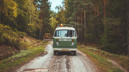 A road trip adventure in a vintage van, winding through picturesque countryside roads, with stops at roadside farmers' markets and local landmarks.