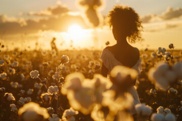 Costumes stand tall in a field of white fluffy cotton plants, with a silhouette figure seen among the cotton at sunset in the background. - obrazy, fototapety, plakaty