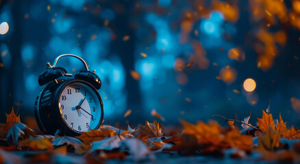 An alarm clock, adorned with autumn leaves, signifies the time to turn back your clocks, set against a dark blue background.