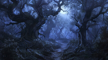 Concept art depicts a forest at night, with gnarled trees and a path leading into the darkness, all illuminated by moonlight, creating a scene filled with mystery.